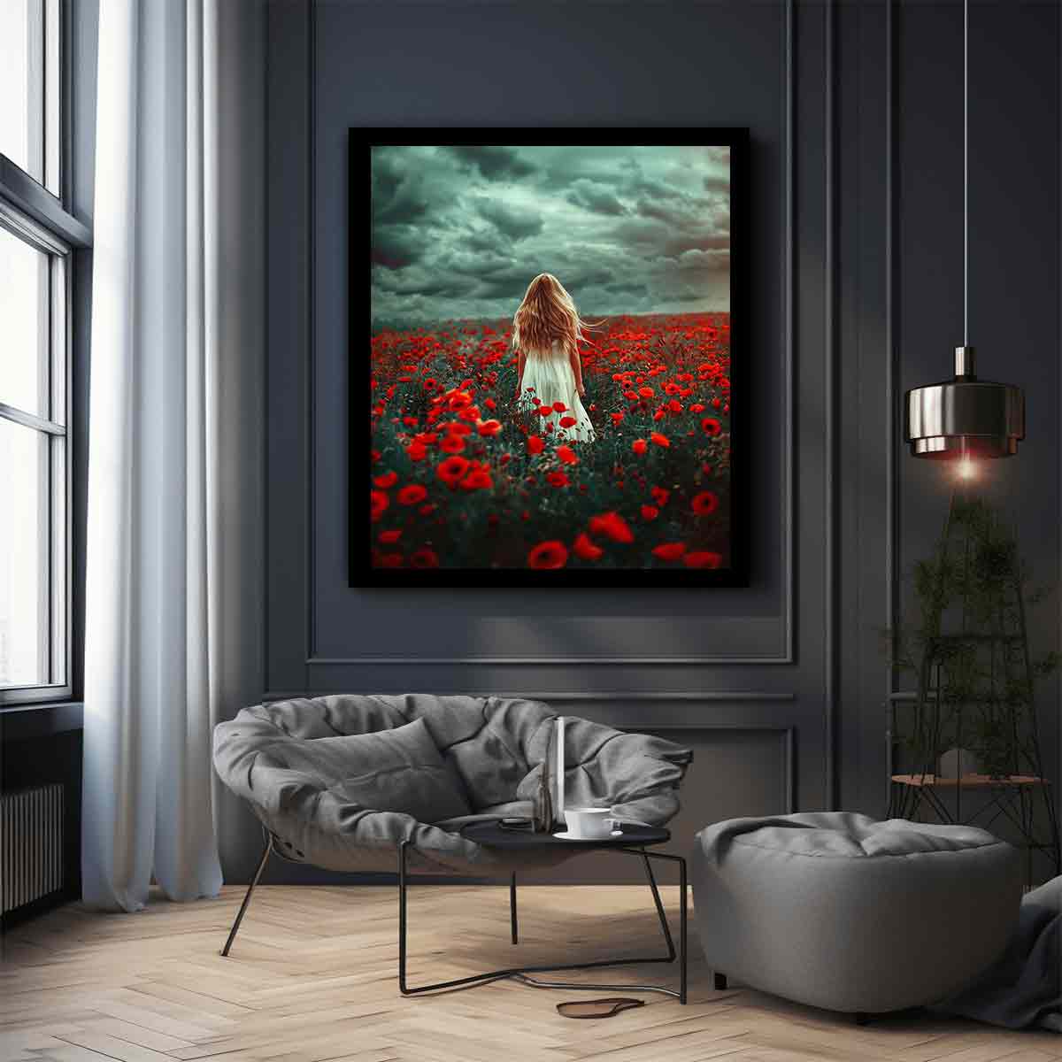 Girl in white dress walking through red poppy field under storm clouds for dramatic room decor.