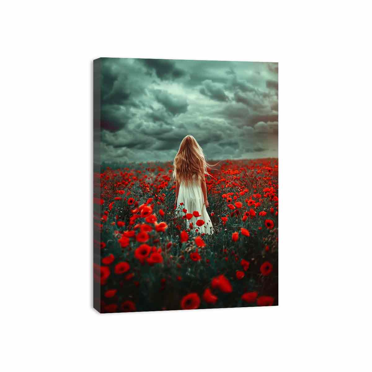 Girl in white dress walking through red poppy field under storm clouds for dramatic room decor.