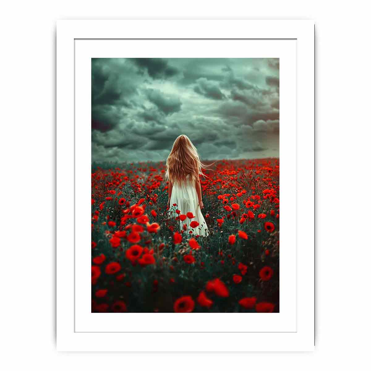 Girl in white dress walking through red poppy field under storm clouds for dramatic room decor.