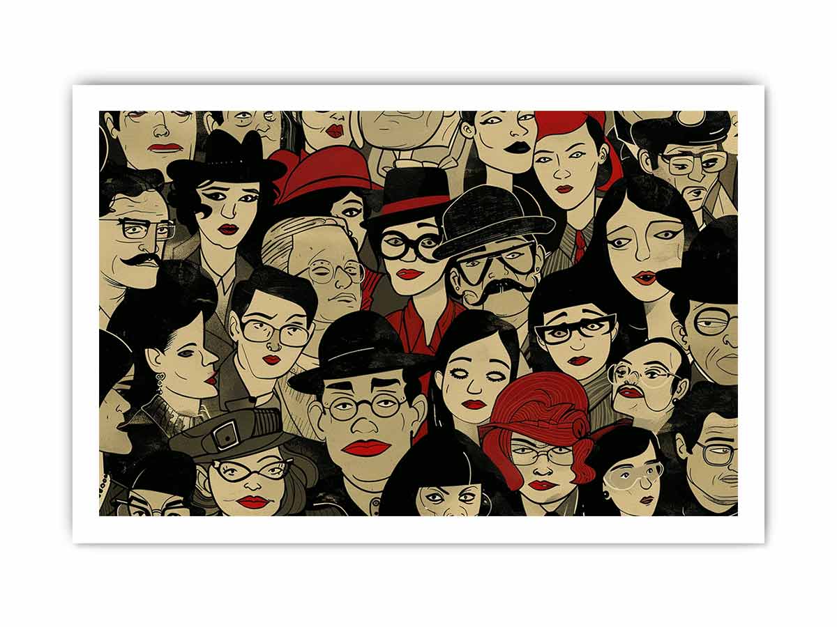 Illustrated crowd of stylish faces with hats and red lips for eclectic modern wall decor.