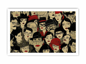 Illustrated crowd of stylish faces with hats and red lips for eclectic modern wall decor.