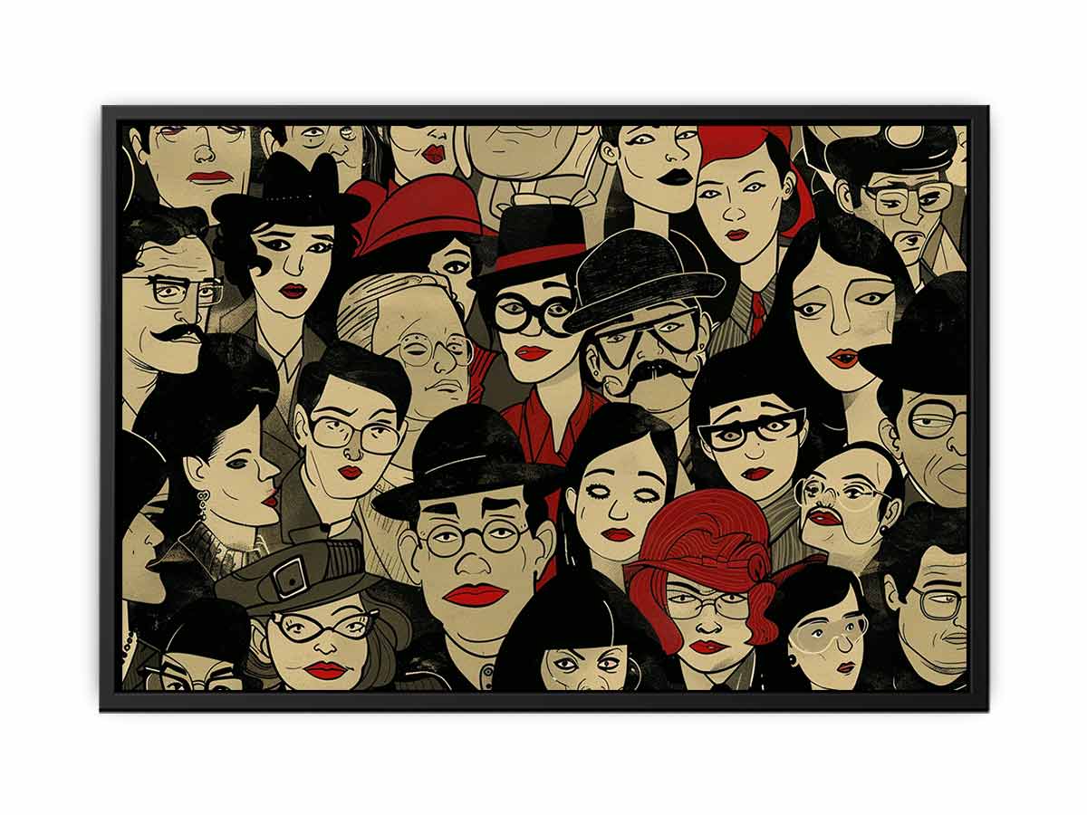 Illustrated crowd of stylish faces with hats and red lips for eclectic modern wall decor.