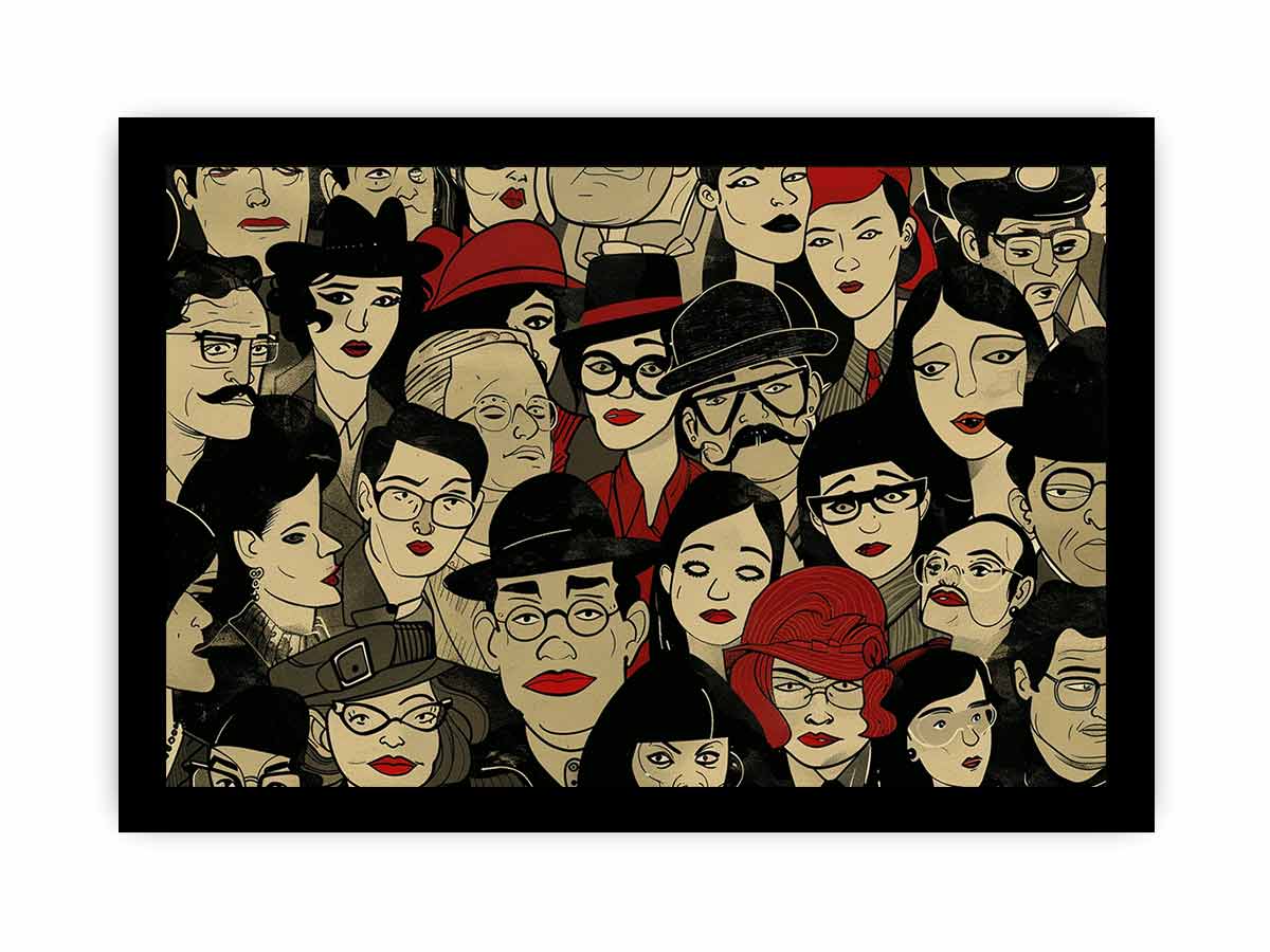 Illustrated crowd of stylish faces with hats and red lips for eclectic modern wall decor.
