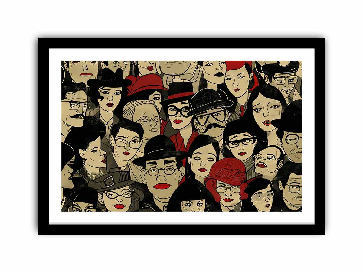 Illustrated crowd of stylish faces with hats and red lips for eclectic modern wall decor.