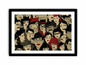 Illustrated crowd of stylish faces with hats and red lips for eclectic modern wall decor.