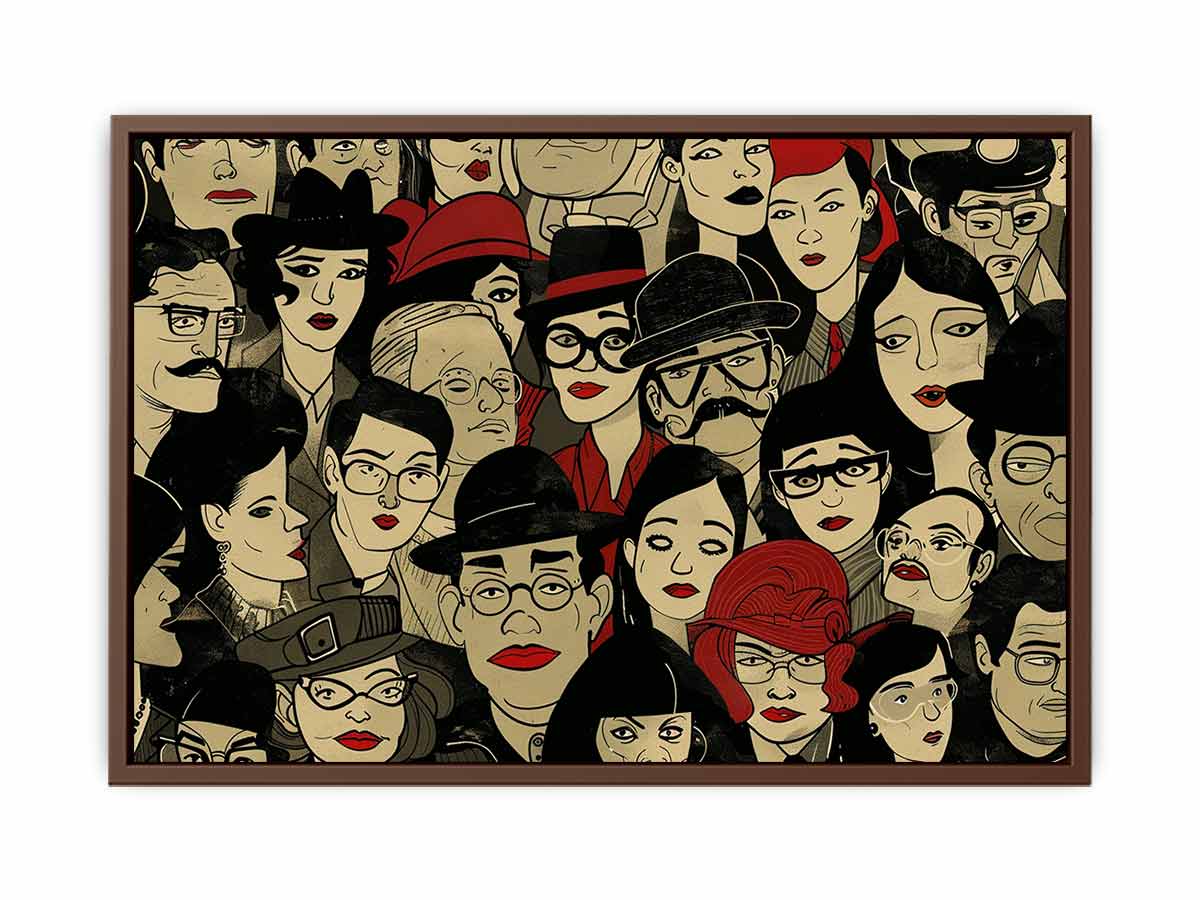 Illustrated crowd of stylish faces with hats and red lips for eclectic modern wall decor.