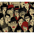 Illustrated crowd of stylish faces with hats and red lips for eclectic modern wall decor.