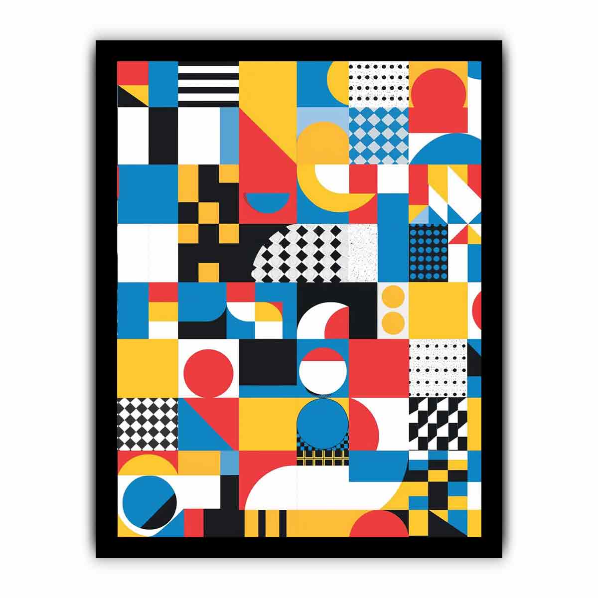 Colorful geometric abstract canvas with circles, arches and checkerboard patterns for modern decor.