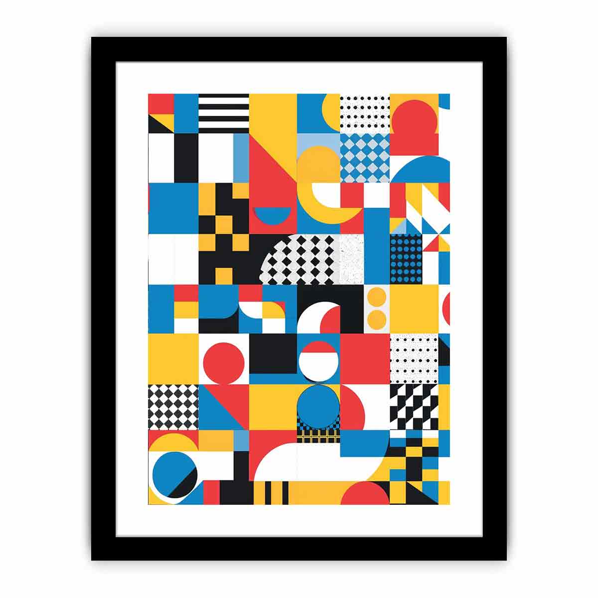 Colorful geometric abstract canvas with circles, arches and checkerboard patterns for modern decor.