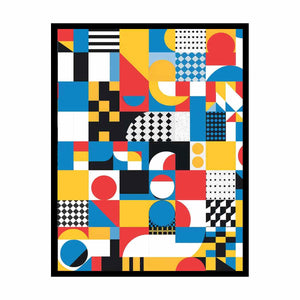 Colorful geometric abstract canvas with circles, arches and checkerboard patterns for modern decor.