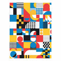 Colorful geometric abstract canvas with circles, arches and checkerboard patterns for modern decor.