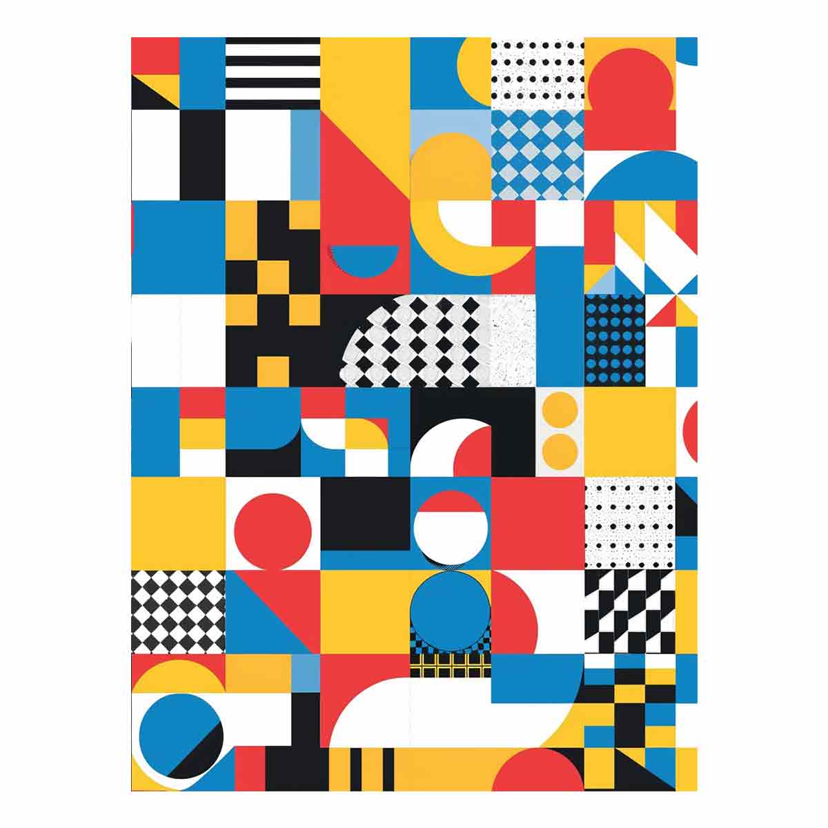 Colorful geometric abstract canvas with circles, arches and checkerboard patterns for modern decor.
