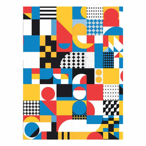 Colorful geometric abstract canvas with circles, arches and checkerboard patterns for modern decor.