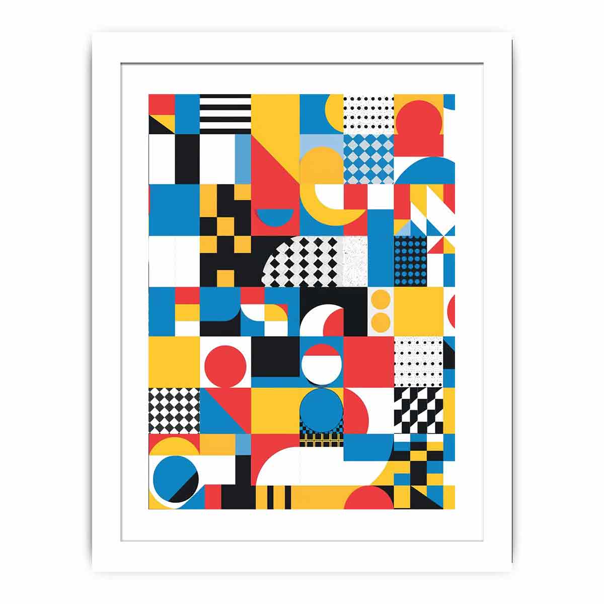 Colorful geometric abstract canvas with circles, arches and checkerboard patterns for modern decor.