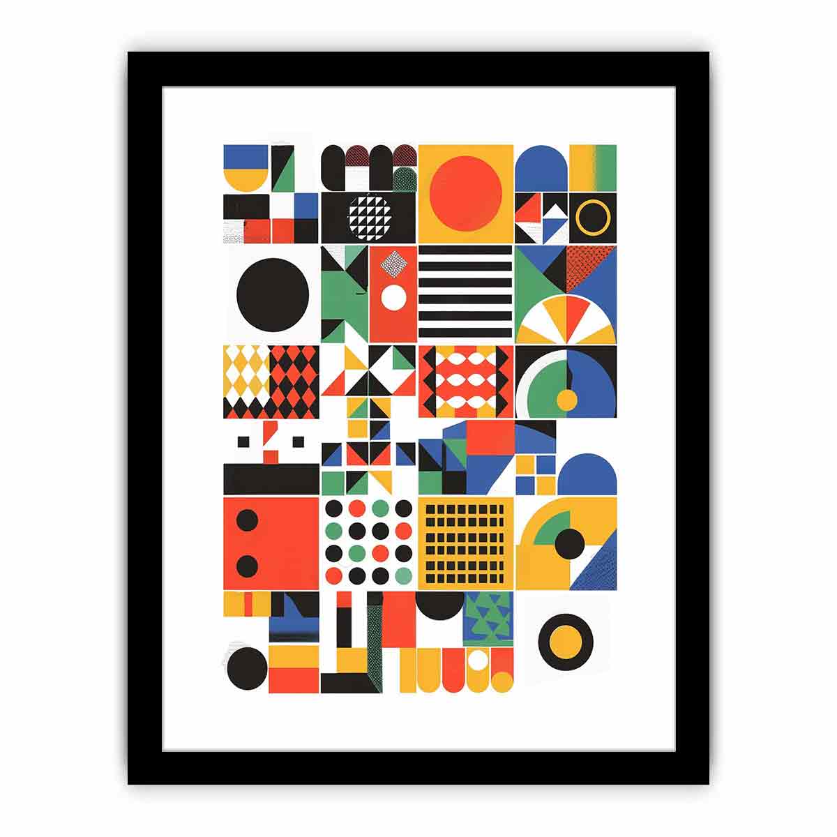 Modern geometric abstract artwork with colorful blocks, circles and arches for creative room decor.