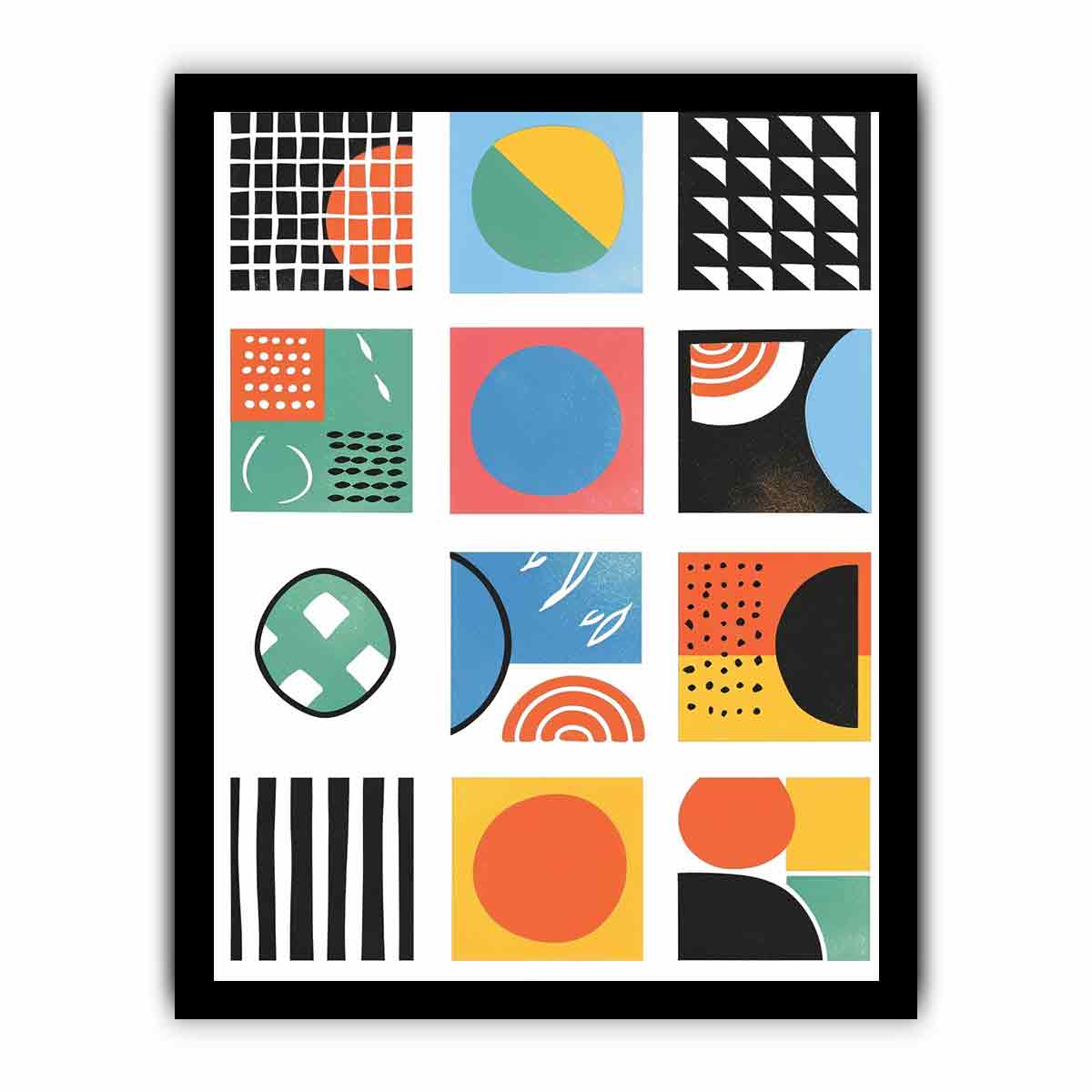 Colorful geometric grid artwork with circles, dots and stripes for modern office or hallway decor.