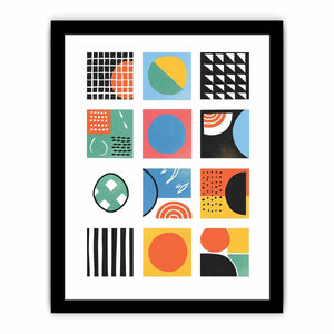 Colorful geometric grid artwork with circles, dots and stripes for modern office or hallway decor.