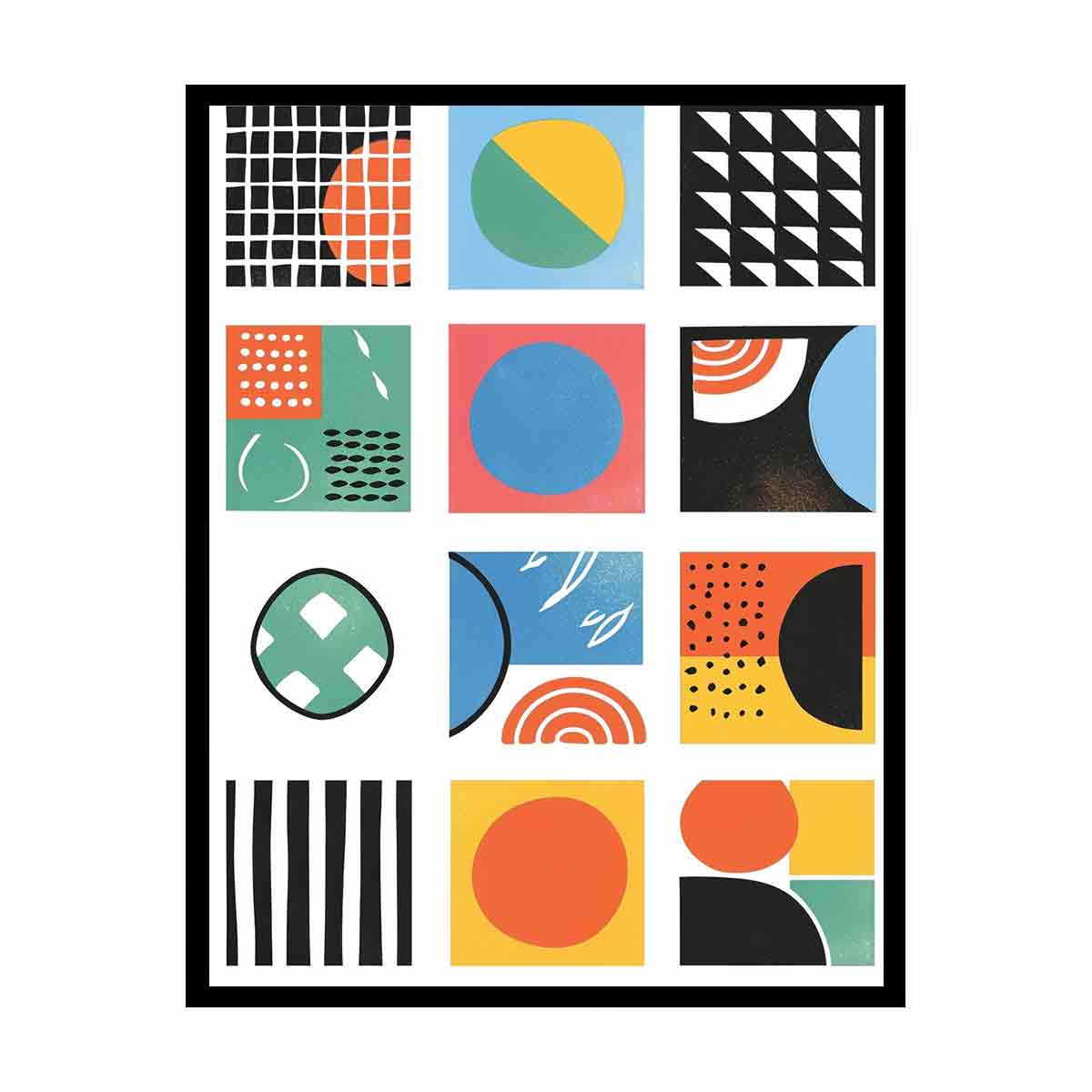 Colorful geometric grid artwork with circles, dots and stripes for modern office or hallway decor.
