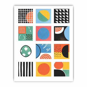 Colorful geometric grid artwork with circles, dots and stripes for modern office or hallway decor.