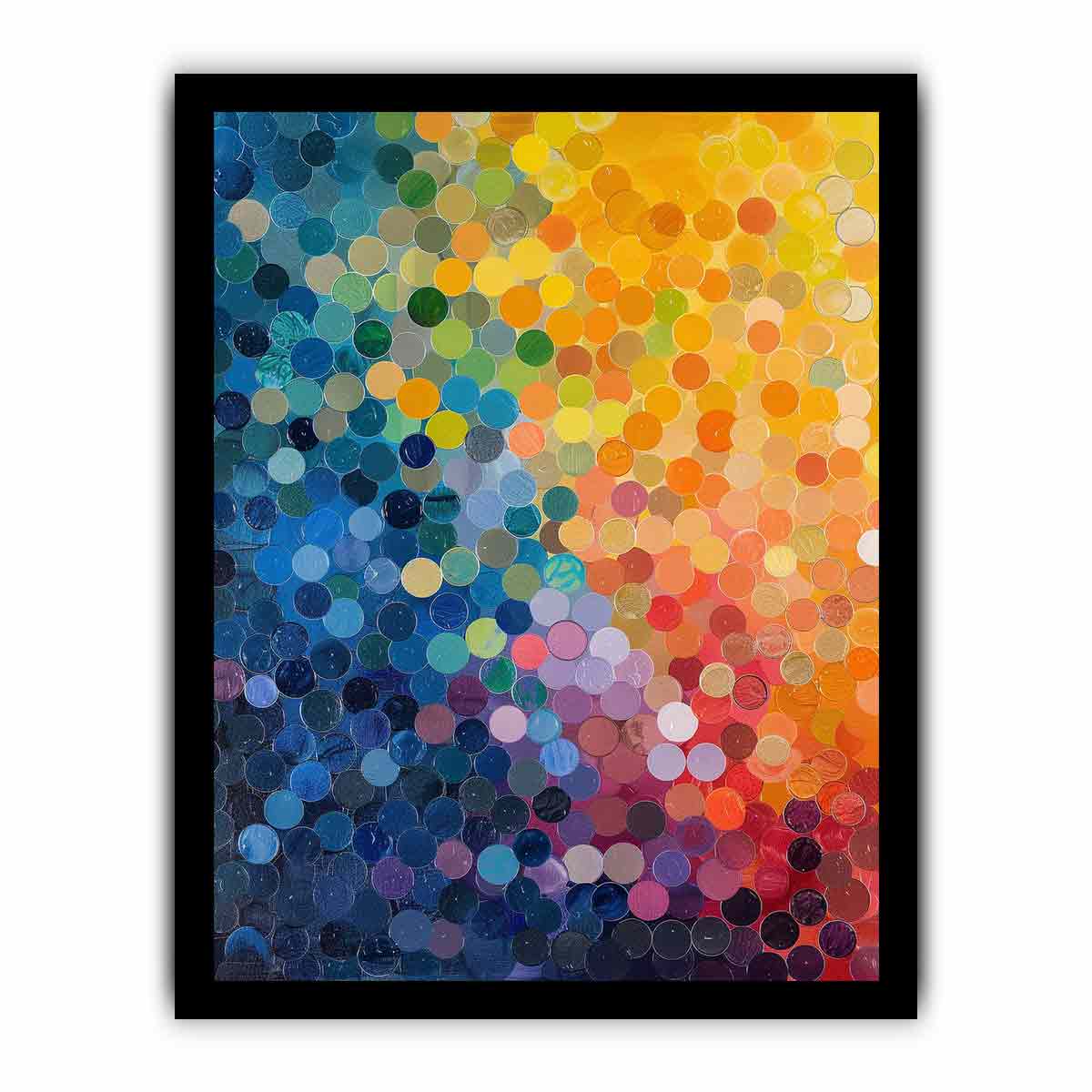 Colorful abstract mosaic of layered circles in blue, yellow, pink and orange for modern decor.