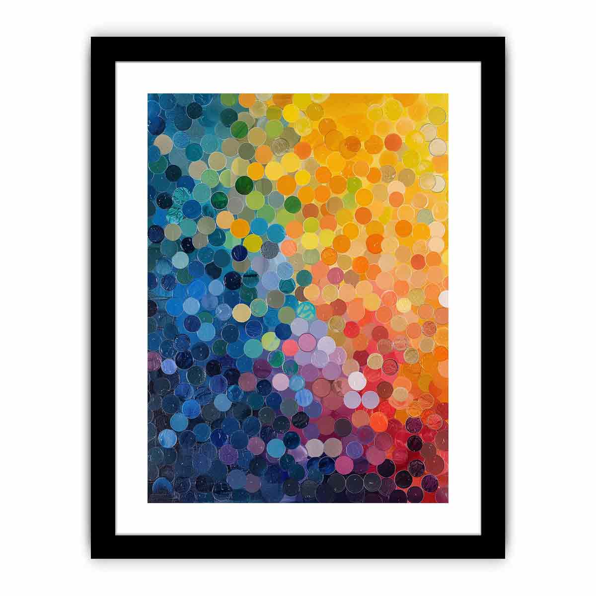 Colorful abstract mosaic of layered circles in blue, yellow, pink and orange for modern decor.