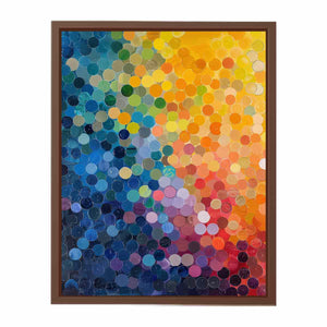 Colorful abstract mosaic of layered circles in blue, yellow, pink and orange for modern decor.