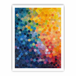 Colorful abstract mosaic of layered circles in blue, yellow, pink and orange for modern decor.