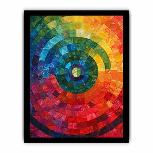 Radiant abstract spiral mosaic with rainbow color bands for bold modern living room decor.
