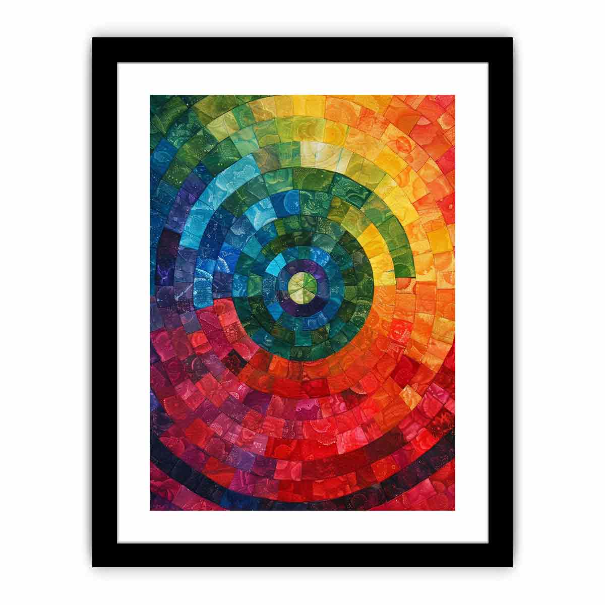 Radiant abstract spiral mosaic with rainbow color bands for bold modern living room decor.