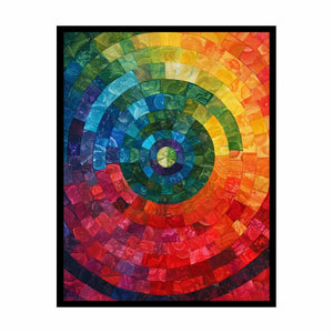 Radiant abstract spiral mosaic with rainbow color bands for bold modern living room decor.