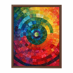 Radiant abstract spiral mosaic with rainbow color bands for bold modern living room decor.
