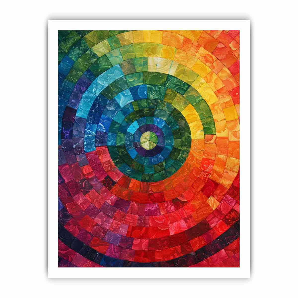 Radiant abstract spiral mosaic with rainbow color bands for bold modern living room decor.