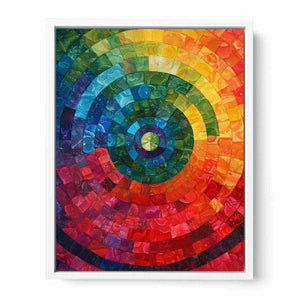 Radiant abstract spiral mosaic with rainbow color bands for bold modern living room decor.