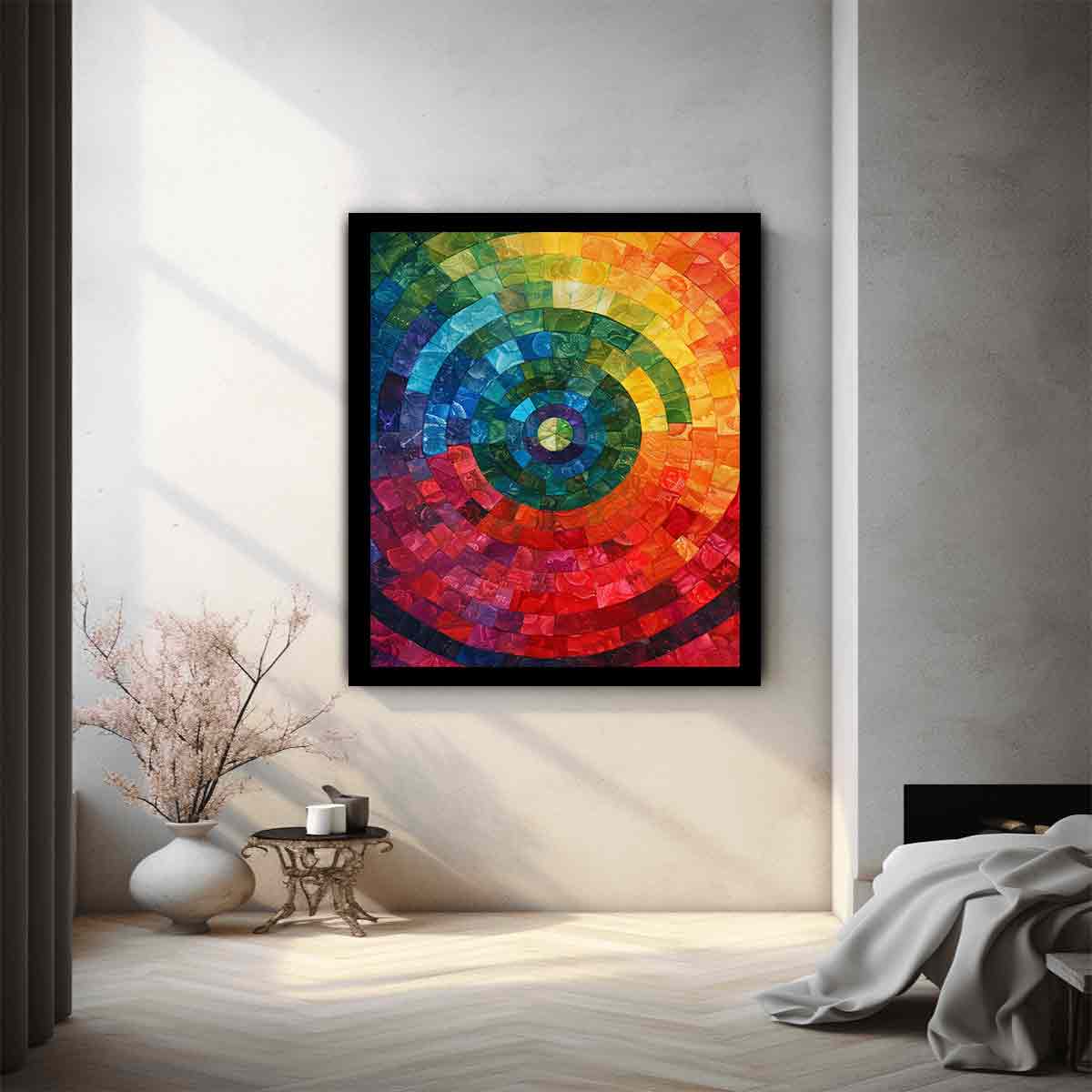 Radiant abstract spiral mosaic with rainbow color bands for bold modern living room decor.