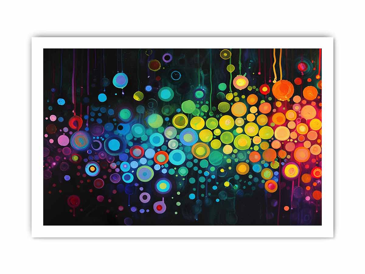 Neon abstract circle artwork on black background for bold modern living room or office decor.