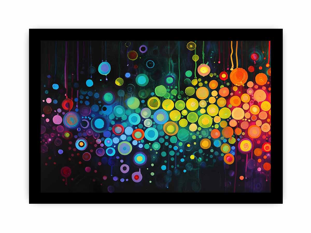 Neon abstract circle artwork on black background for bold modern living room or office decor.