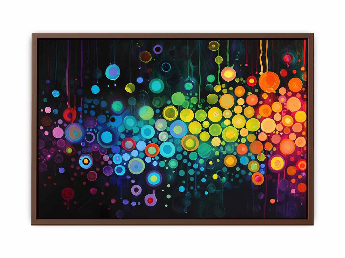 Neon abstract circle artwork on black background for bold modern living room or office decor.