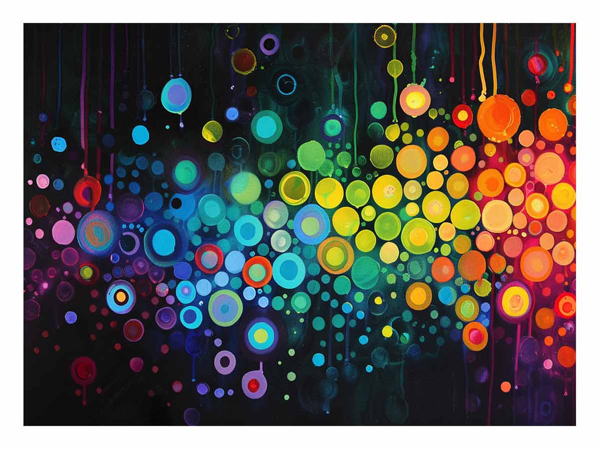 Neon abstract circle artwork on black background for bold modern living room or office decor.