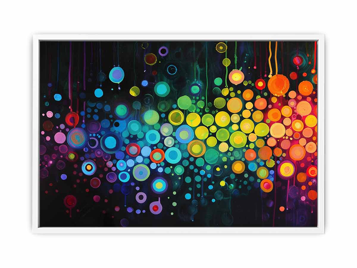 Neon abstract circle artwork on black background for bold modern living room or office decor.