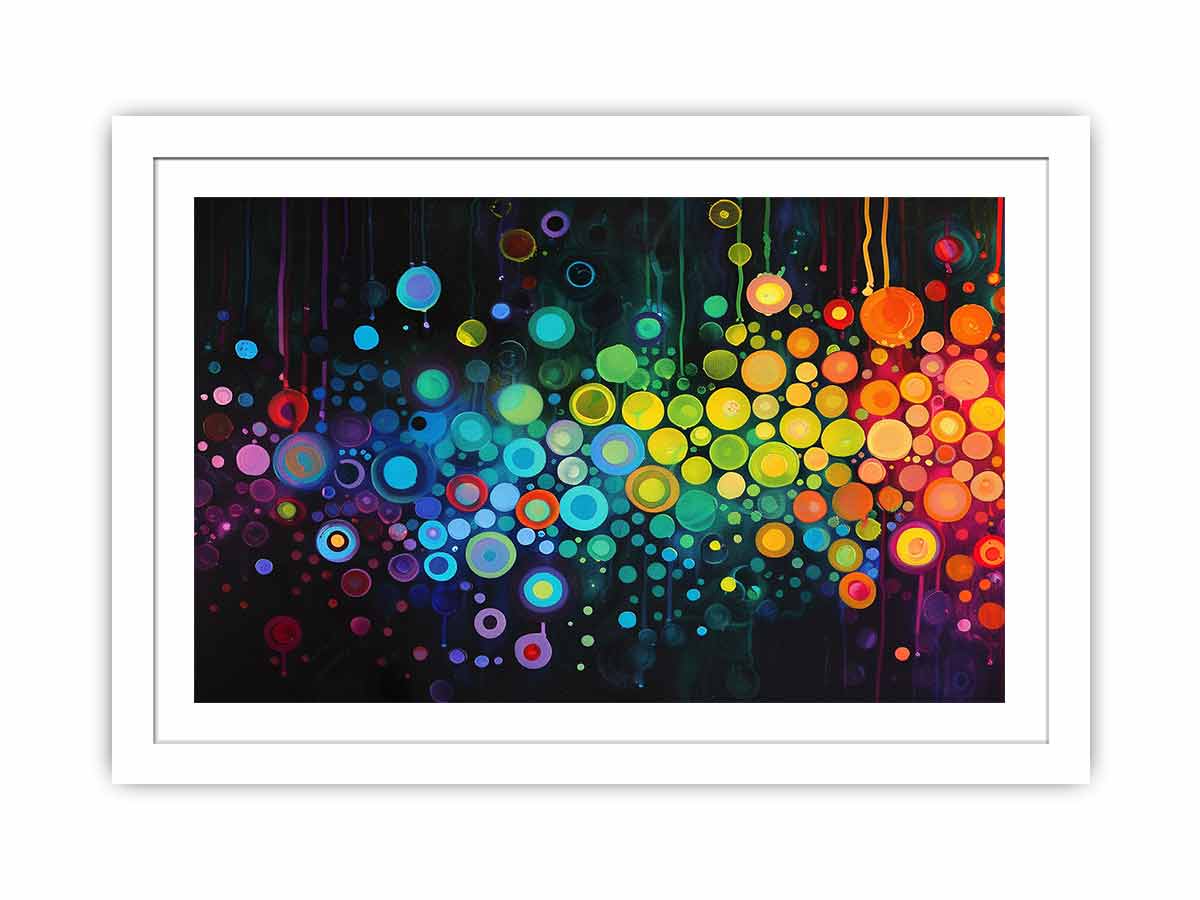 Neon abstract circle artwork on black background for bold modern living room or office decor.