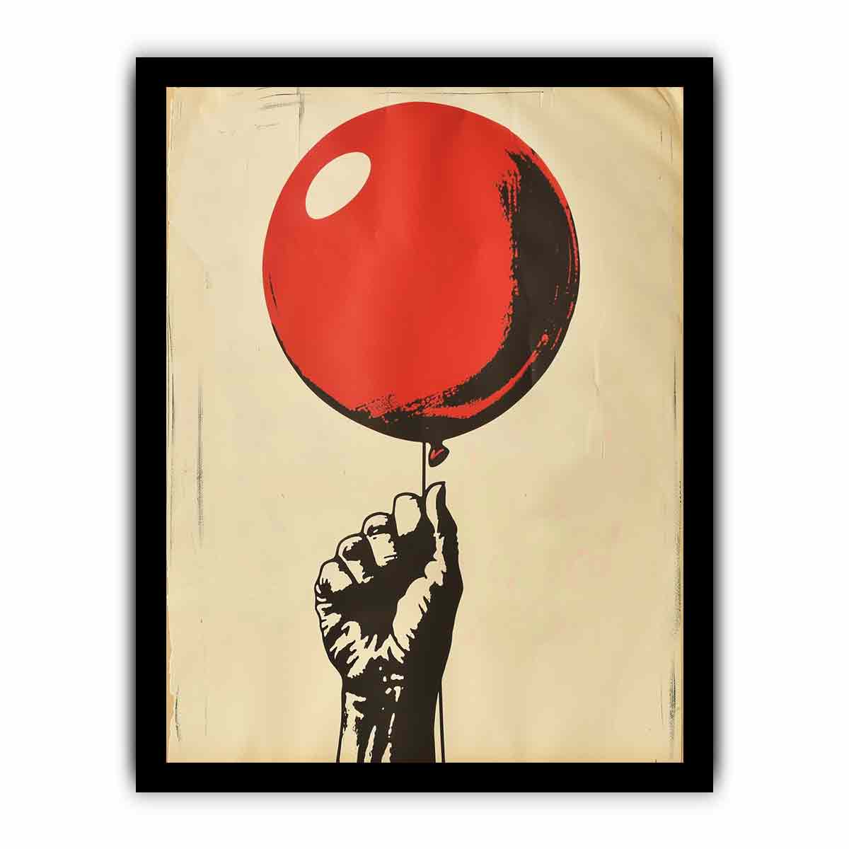 Graphic fist holding a red balloon on cream background for bold pop art wall decor.