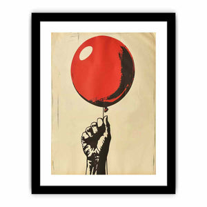 Graphic fist holding a red balloon on cream background for bold pop art wall decor.