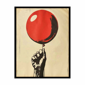 Graphic fist holding a red balloon on cream background for bold pop art wall decor.