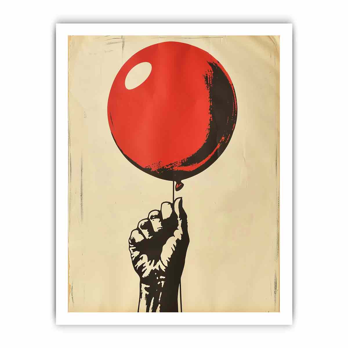 Graphic fist holding a red balloon on cream background for bold pop art wall decor.
