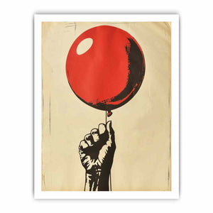 Graphic fist holding a red balloon on cream background for bold pop art wall decor.