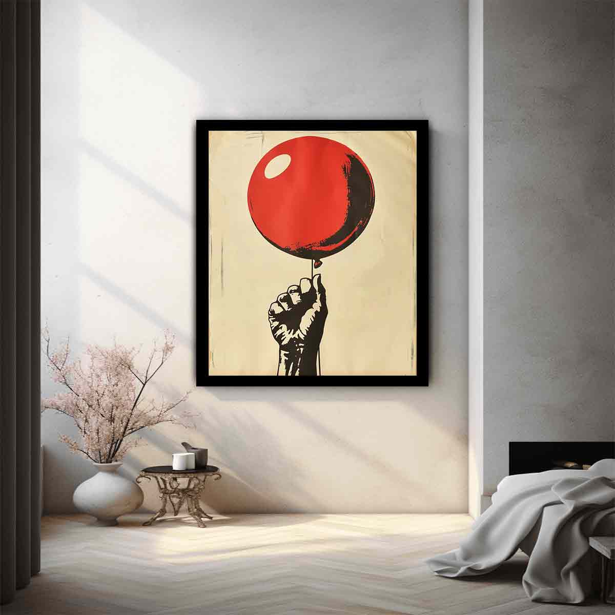 Graphic fist holding a red balloon on cream background for bold pop art wall decor.