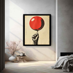 Graphic fist holding a red balloon on cream background for bold pop art wall decor.