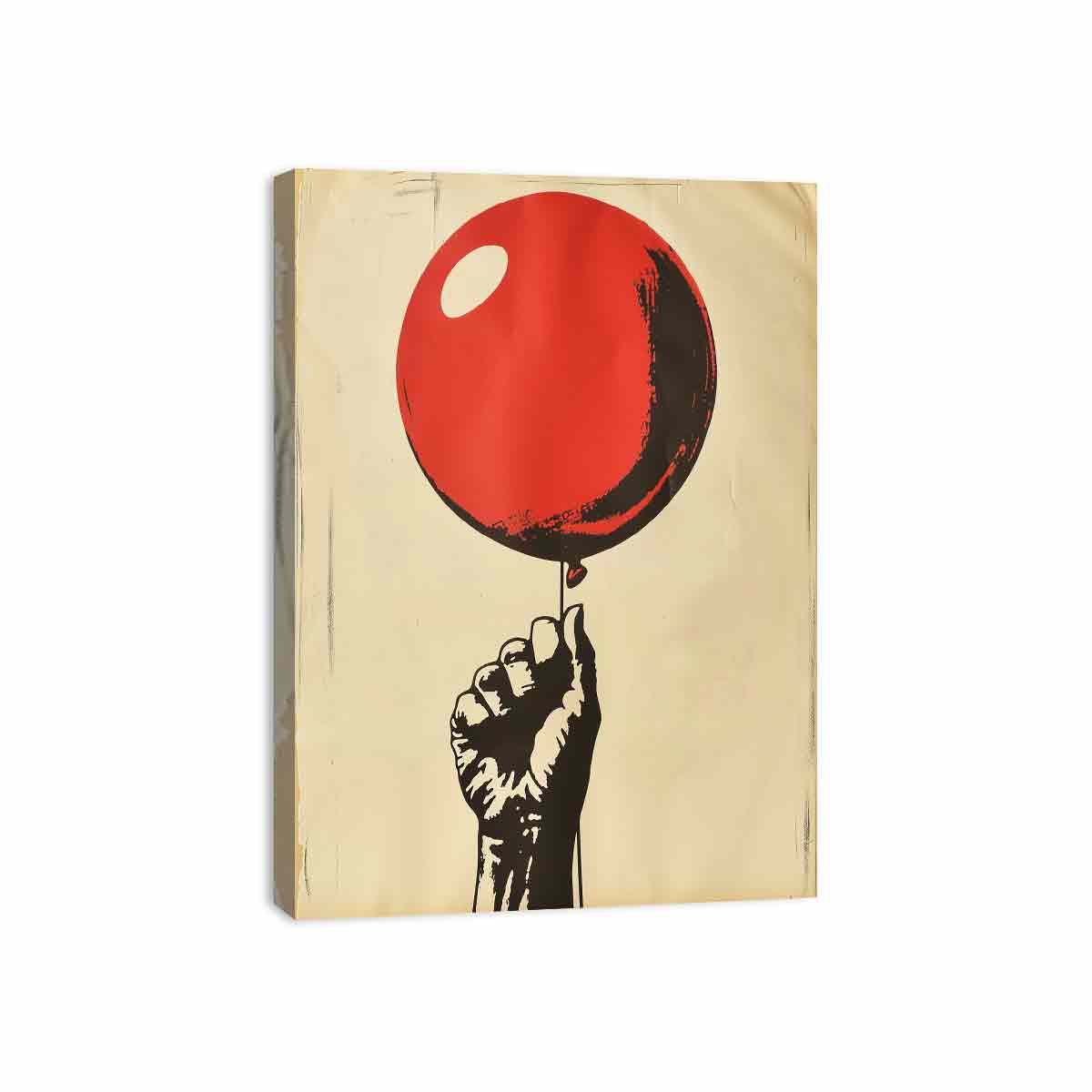 Graphic fist holding a red balloon on cream background for bold pop art wall decor.