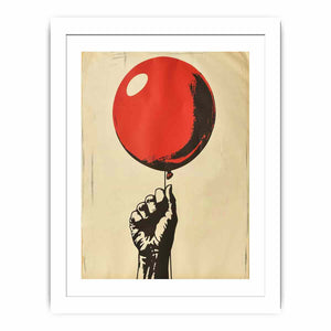 Graphic fist holding a red balloon on cream background for bold pop art wall decor.