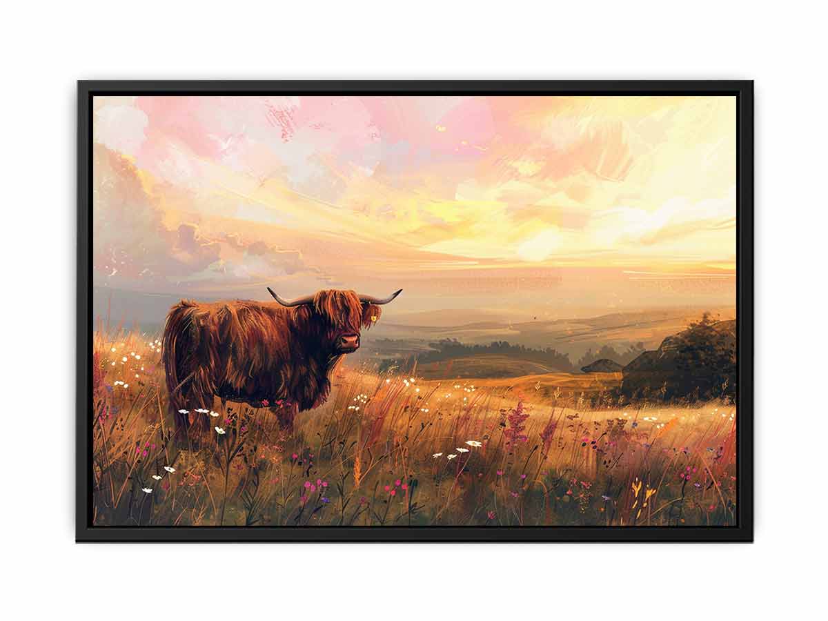 Highland cow in wildflower meadow with warm sunset hills for rustic farmhouse wall decor.
